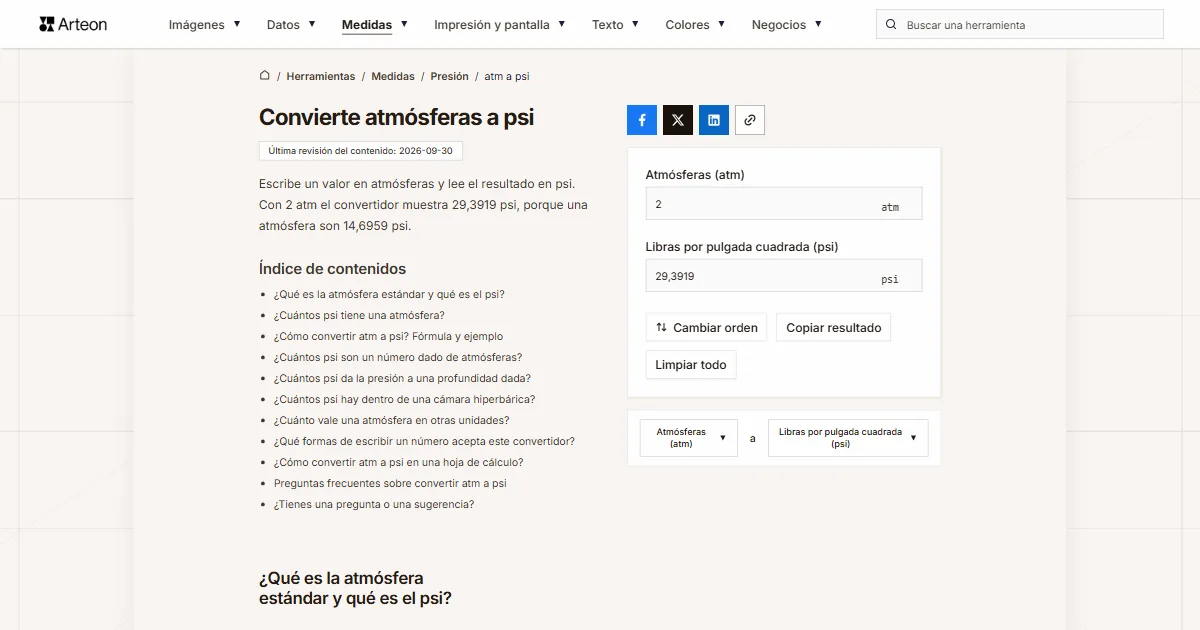 Captura de pantalla de la herramienta gratuita de Arteon: Convierte atmósferas a psi