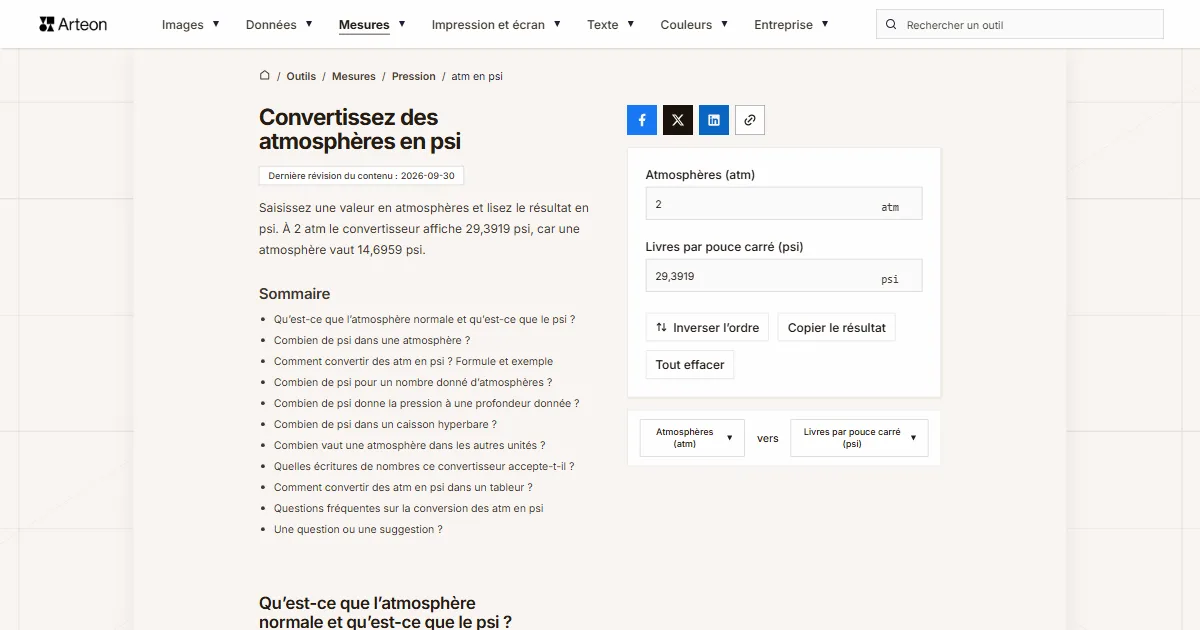 Capture d'écran de l'outil gratuit d'Arteon: Convertissez des atmosphères en psi