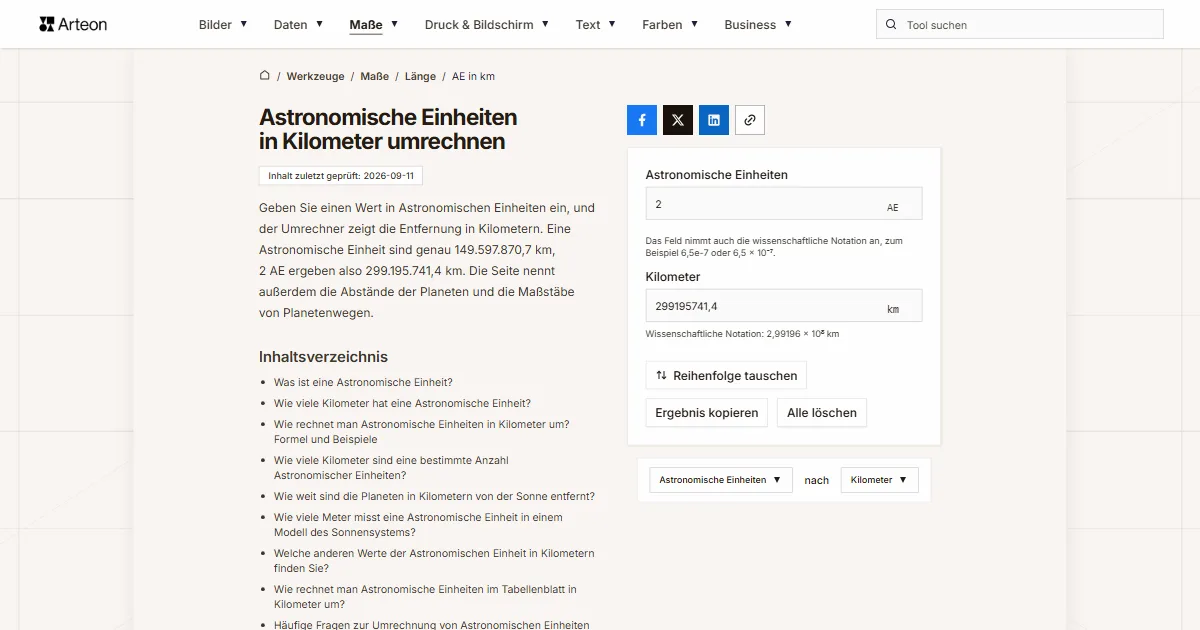 Screenshot des kostenlosen Arteon-Werkzeugs: Astronomische Einheiten in Kilometer umrechnen