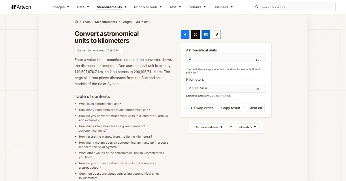 Arteon free tool screenshot: Convert astronomical units to kilometers