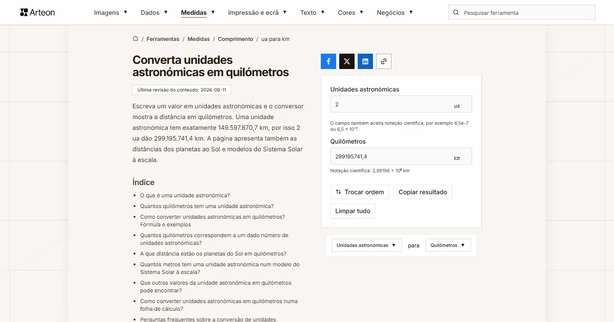 Captura de ecrã da ferramenta gratuita da Arteon: Converta unidades astronómicas em quilómetros