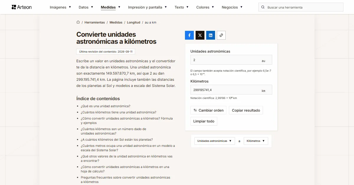 Captura de pantalla de la herramienta gratuita de Arteon: Convierte unidades astronómicas a kilómetros
