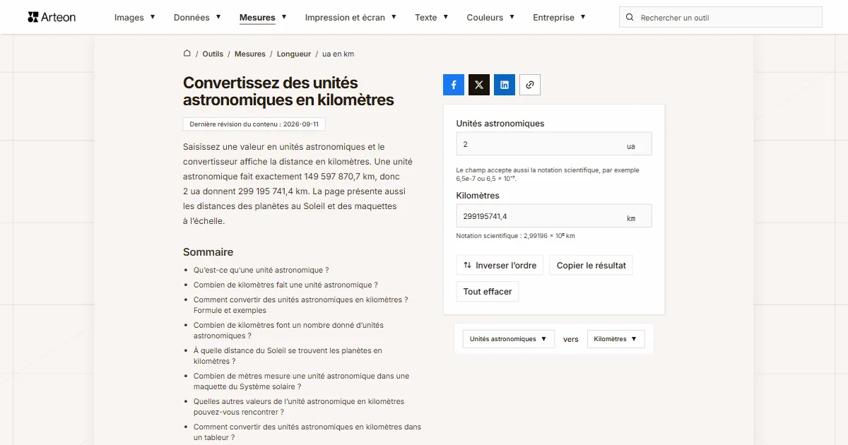 Capture d'écran de l'outil gratuit d'Arteon: Convertissez des unités astronomiques en kilomètres