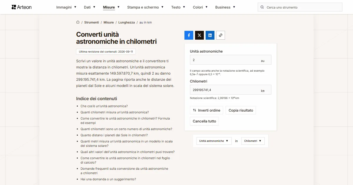 Screenshot dello strumento gratuito Arteon: Converti unità astronomiche in chilometri