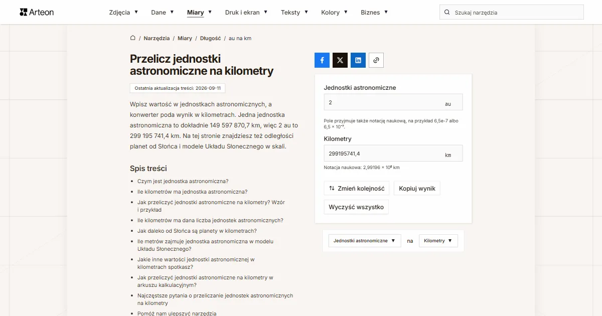 Zrzut ekranu darmowego narzędzia Arteon: Przelicz jednostki astronomiczne na kilometry