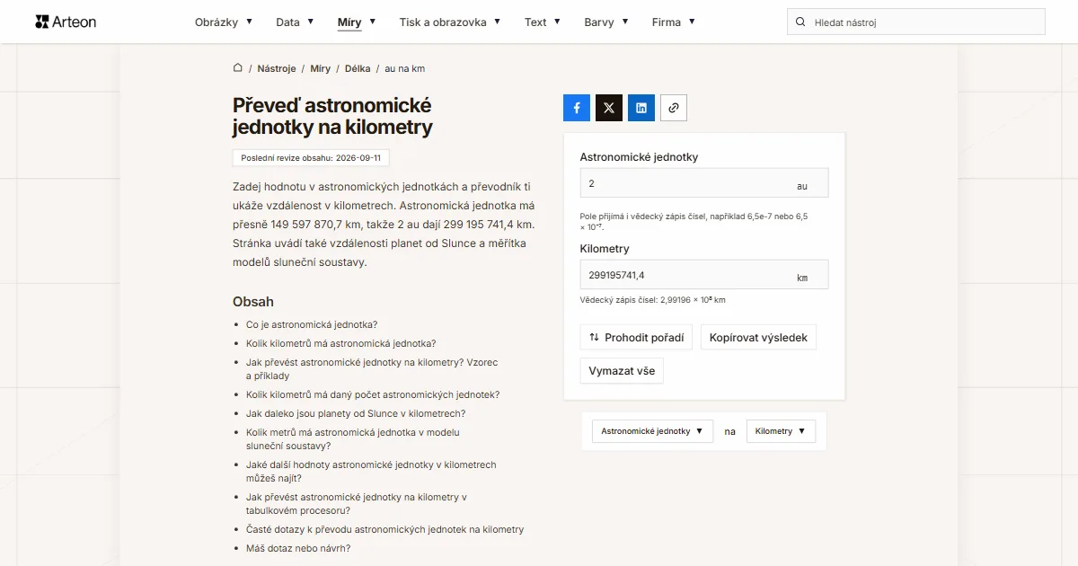 Snímek obrazovky bezplatného nástroje Arteon: Převeď astronomické jednotky na kilometry