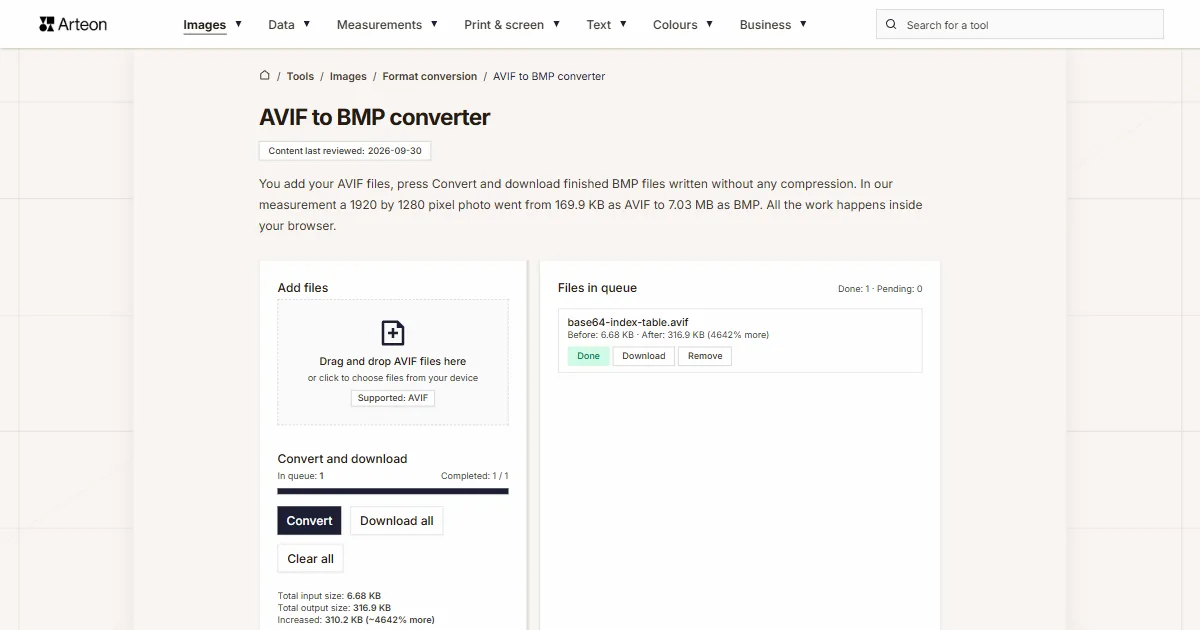 Arteon free tool screenshot: AVIF to BMP converter