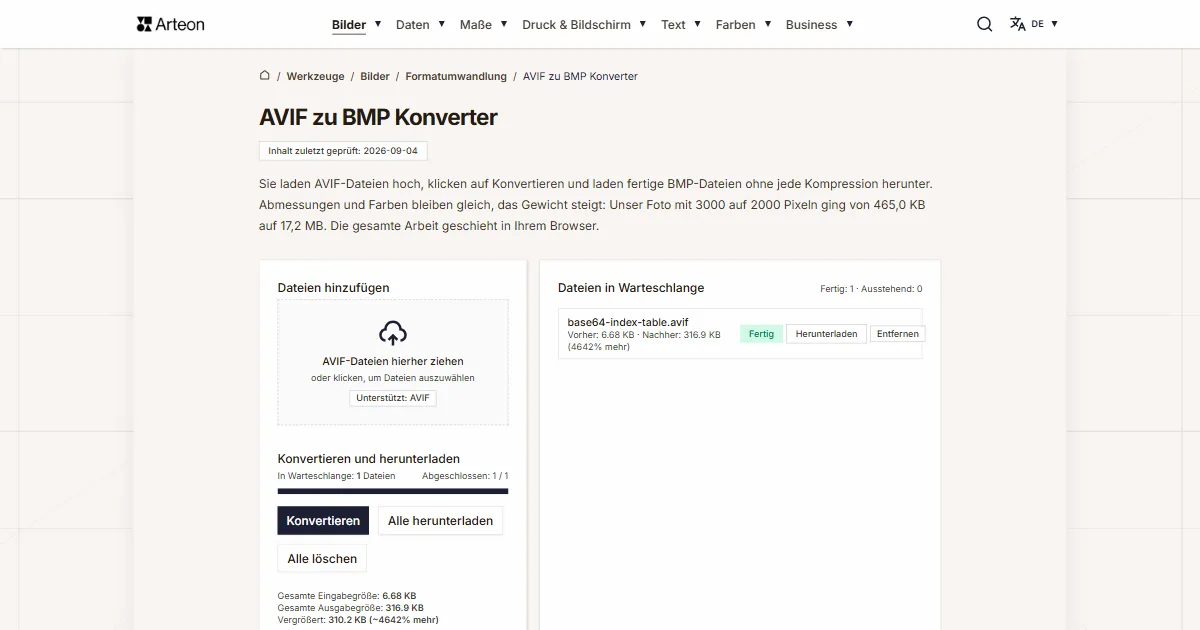 Screenshot des kostenlosen Arteon-Werkzeugs: AVIF zu BMP Konverter