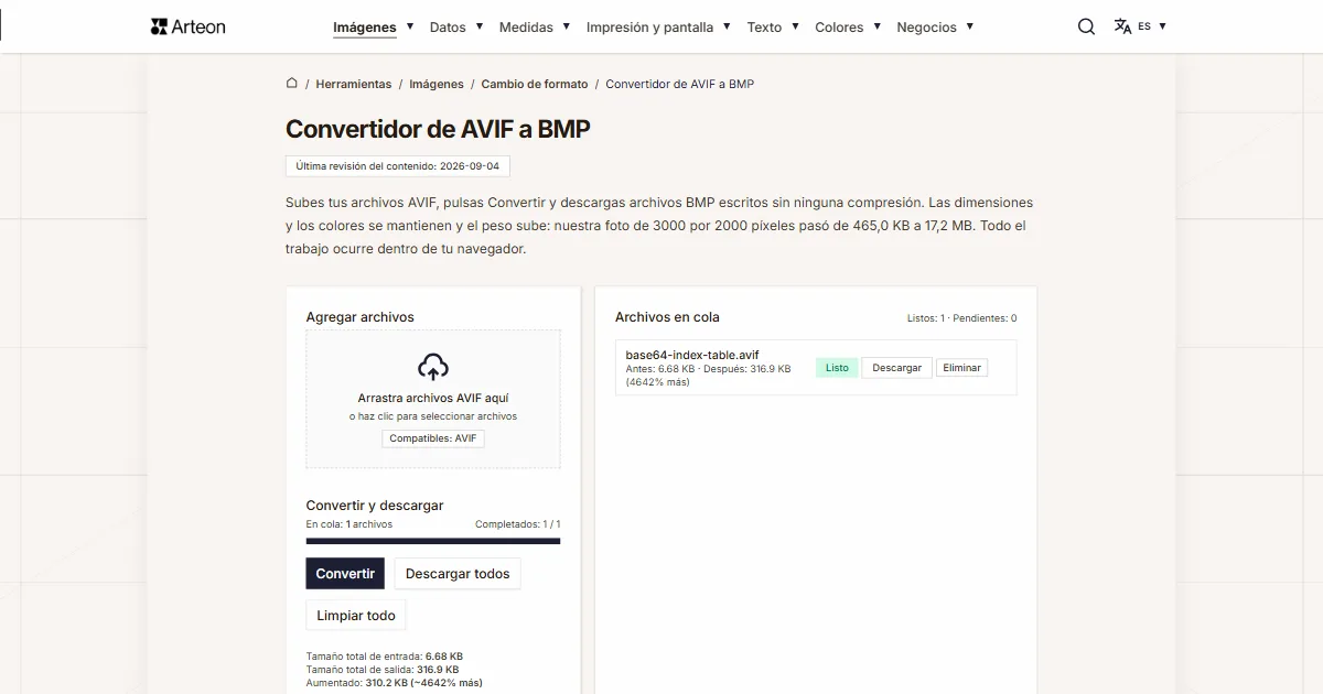 Captura de pantalla de la herramienta gratuita de Arteon: Convertidor de AVIF a BMP