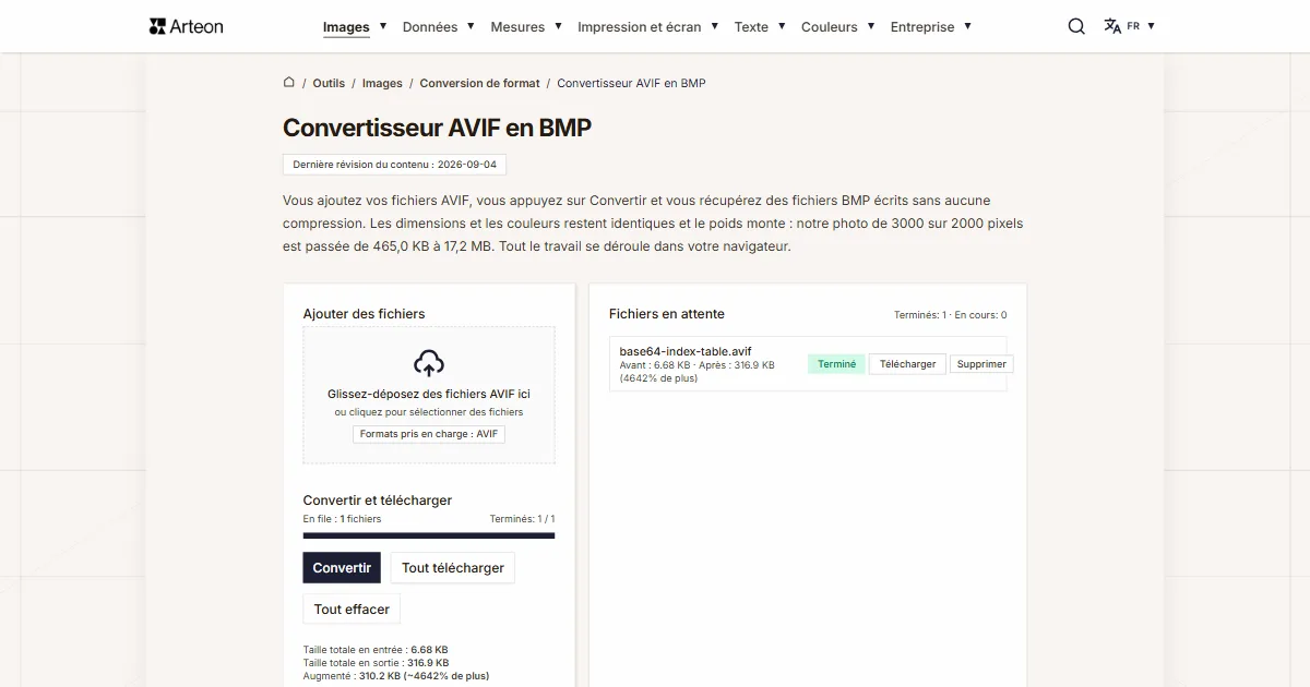 Capture d'écran de l'outil gratuit d'Arteon: Convertisseur AVIF en BMP