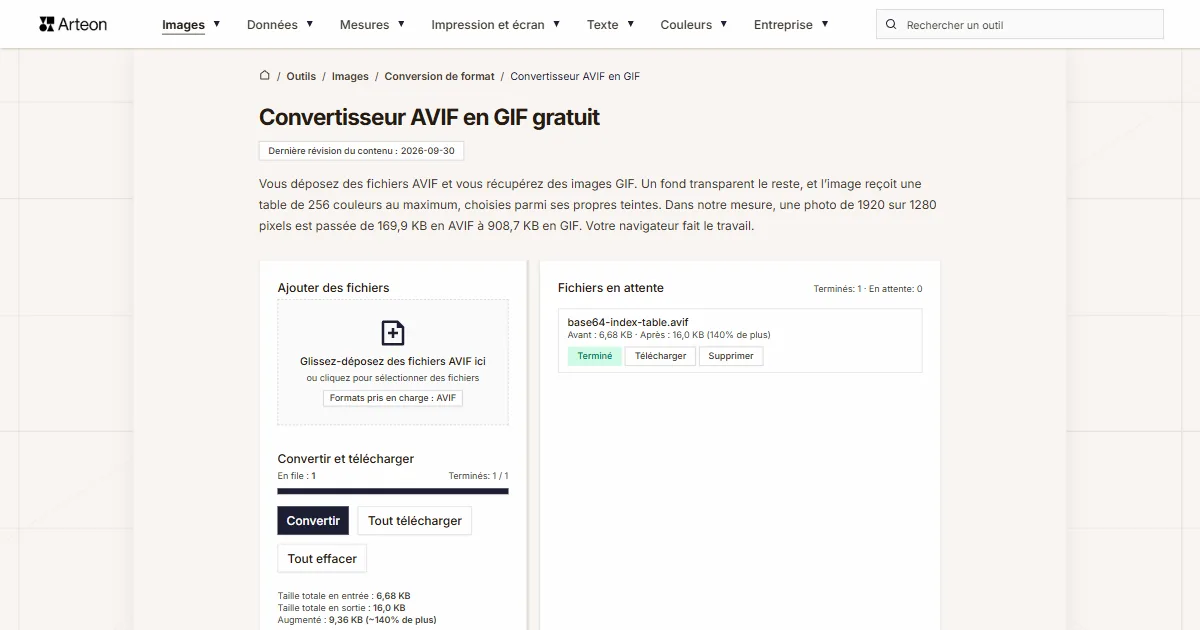 Capture d'écran de l'outil gratuit d'Arteon: Convertisseur AVIF en GIF gratuit
