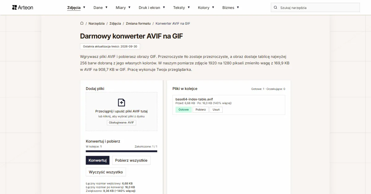 Zrzut ekranu darmowego narzędzia Arteon: Darmowy konwerter AVIF na GIF