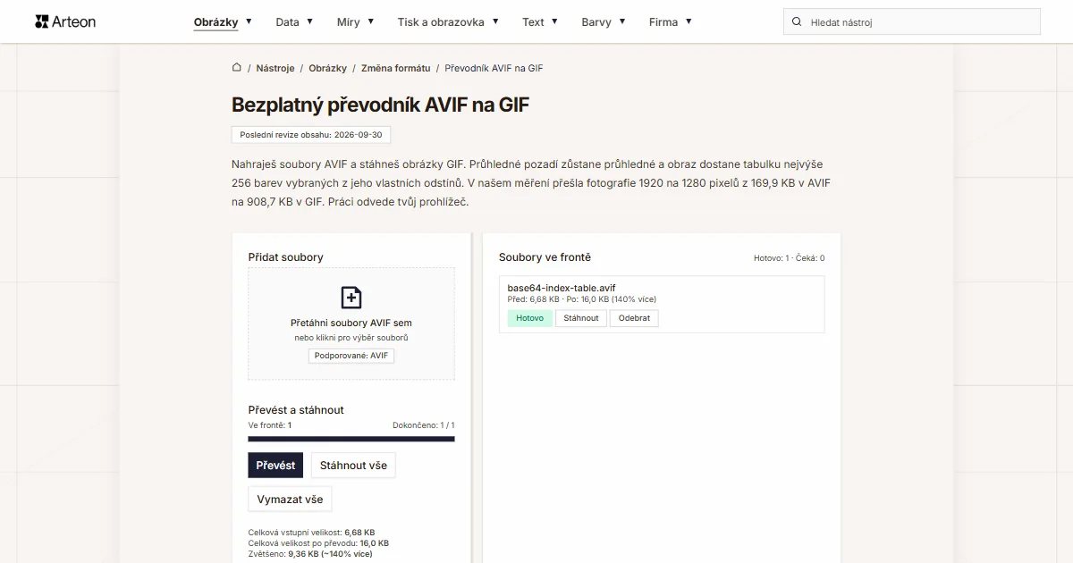 Snímek obrazovky bezplatného nástroje Arteon: Bezplatný převodník AVIF na GIF
