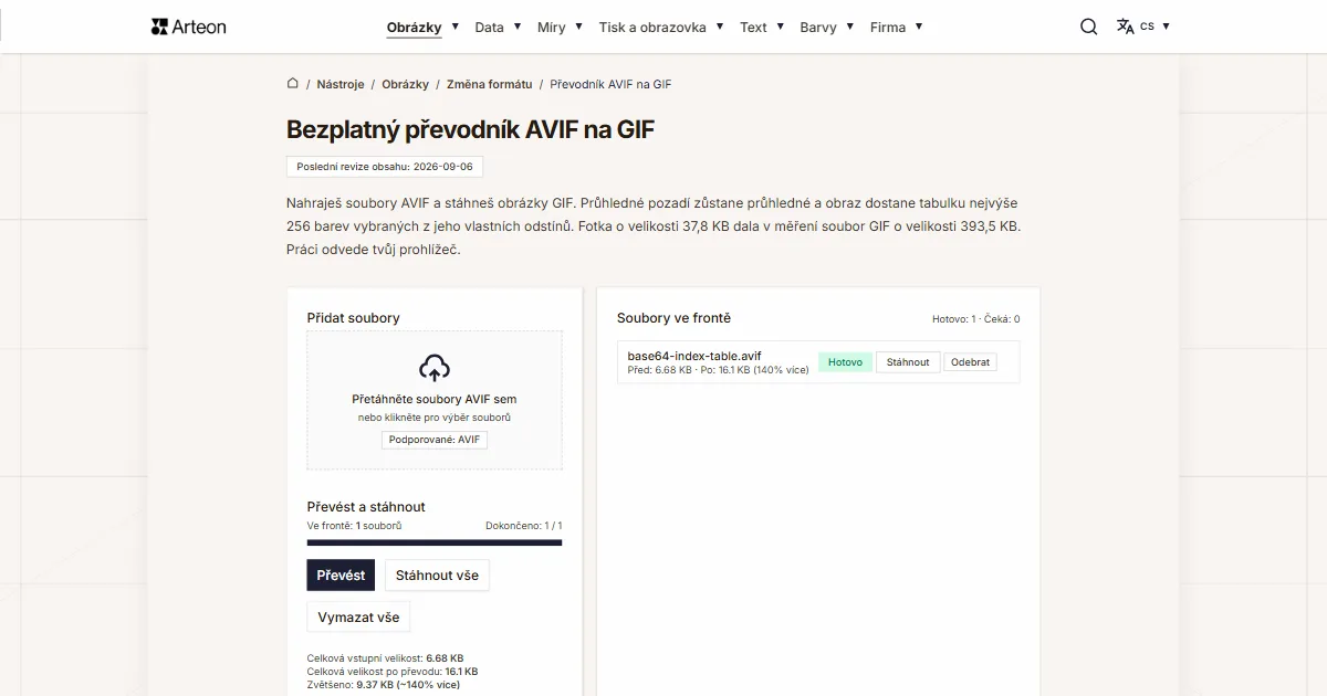 Snímek obrazovky bezplatného nástroje Arteon: Bezplatný převodník AVIF na GIF