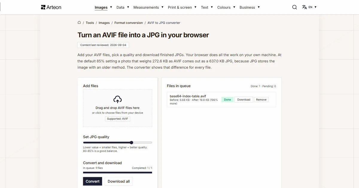 Arteon free tool screenshot: Turn an AVIF file into a JPG in your browser