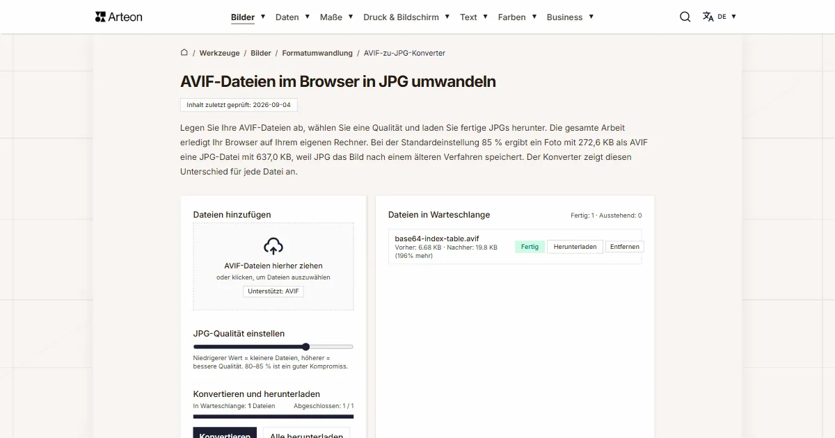 Screenshot des kostenlosen Arteon-Werkzeugs: AVIF-Dateien im Browser in JPG umwandeln