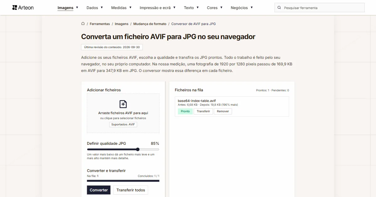 Captura de ecrã da ferramenta gratuita da Arteon: Converta um ficheiro AVIF para JPG no seu navegador