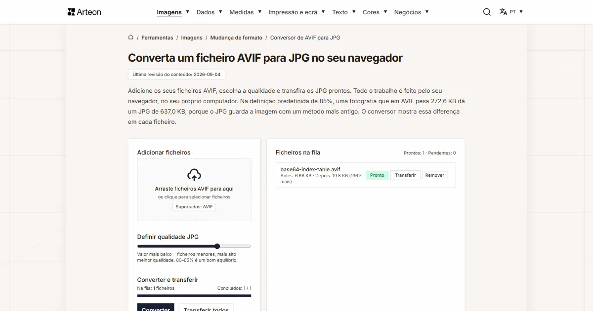 Captura de ecrã da ferramenta gratuita da Arteon: Converta um ficheiro AVIF para JPG no seu navegador