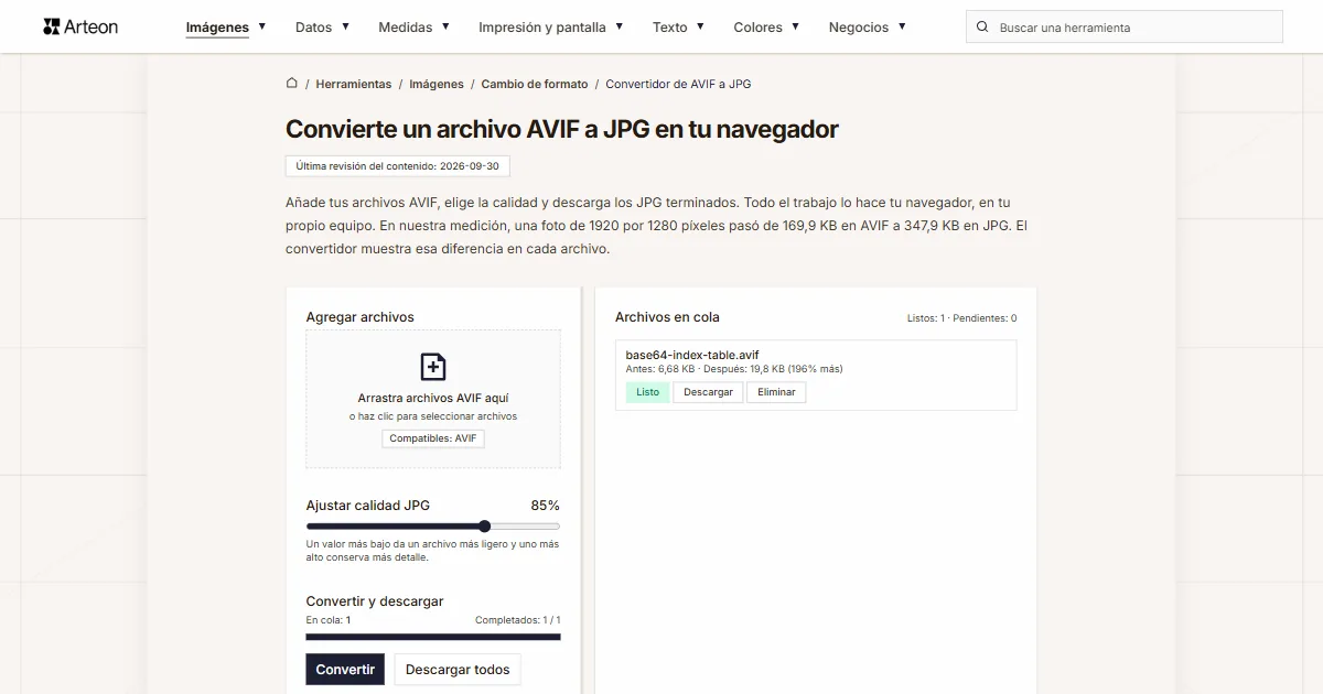 Captura de pantalla de la herramienta gratuita de Arteon: Convierte un archivo AVIF a JPG en tu navegador