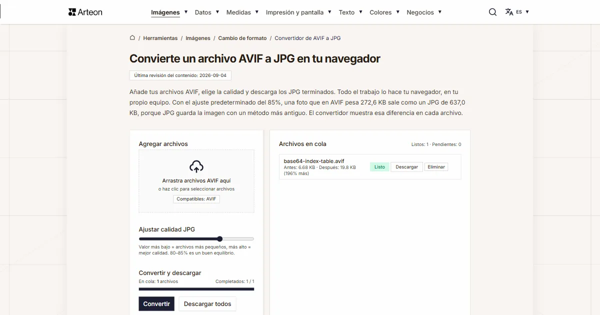 Captura de pantalla de la herramienta gratuita de Arteon: Convierte un archivo AVIF a JPG en tu navegador