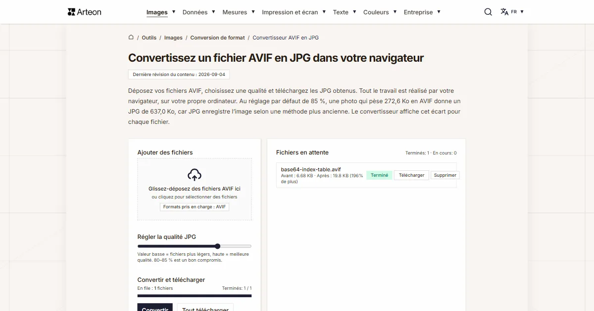 Capture d'écran de l'outil gratuit d'Arteon: Convertissez un fichier AVIF en JPG dans votre navigateur
