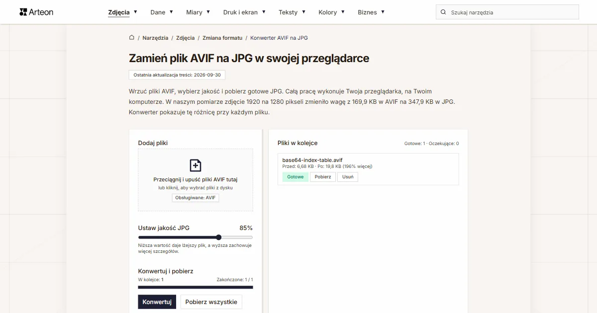 Zrzut ekranu darmowego narzędzia Arteon: Zamień plik AVIF na JPG w swojej przeglądarce