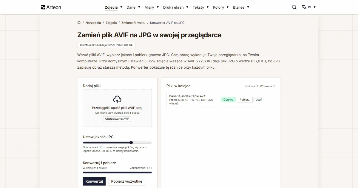 Zrzut ekranu darmowego narzędzia Arteon: Zamień plik AVIF na JPG w swojej przeglądarce
