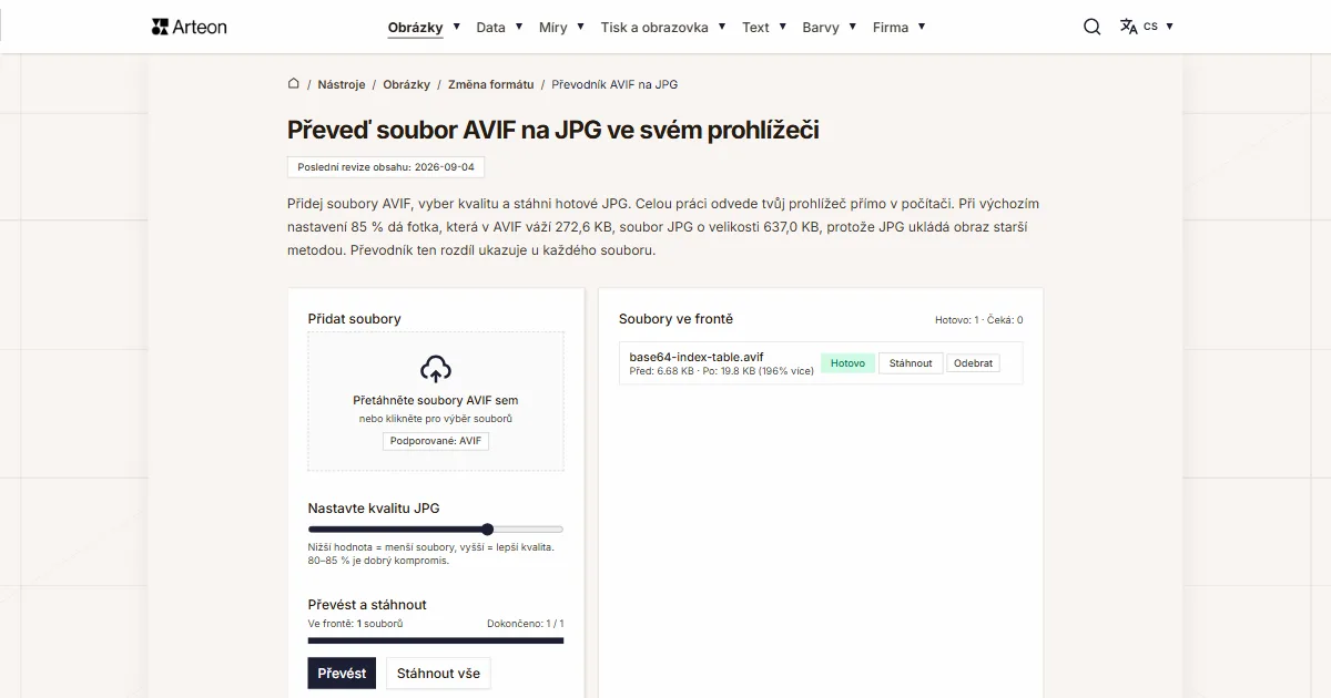 Snímek obrazovky bezplatného nástroje Arteon: Převeď soubor AVIF na JPG ve svém prohlížeči