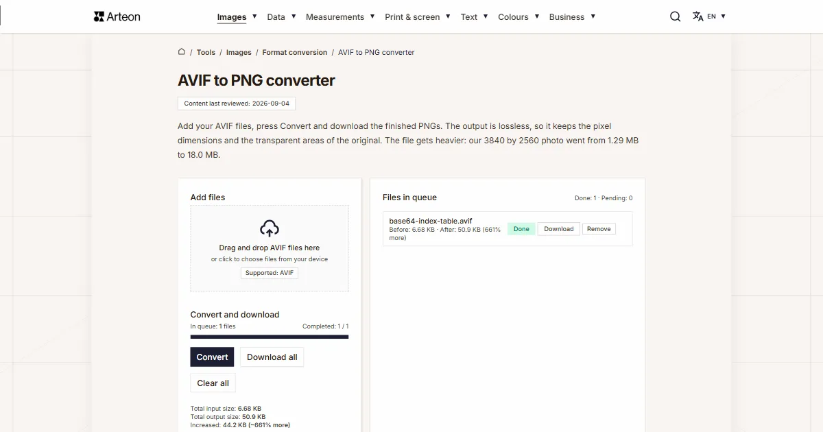 Arteon free tool screenshot: AVIF to PNG converter