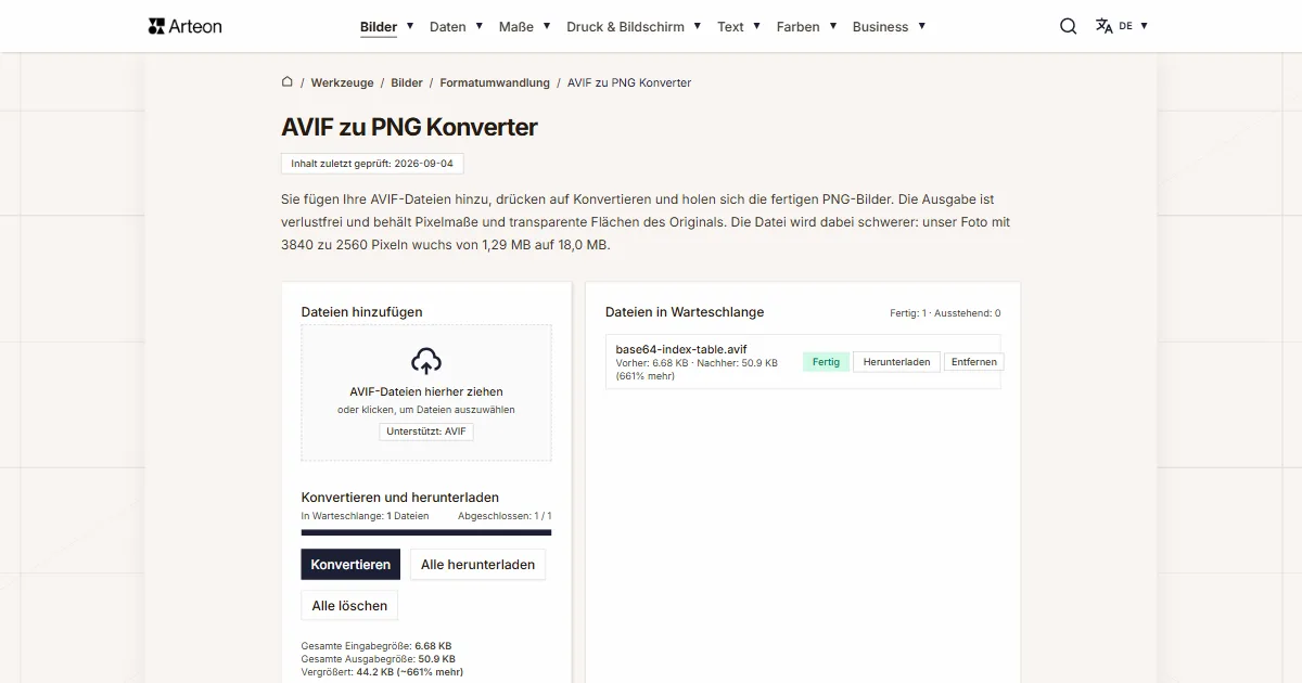 Screenshot des kostenlosen Arteon-Werkzeugs: AVIF zu PNG Konverter