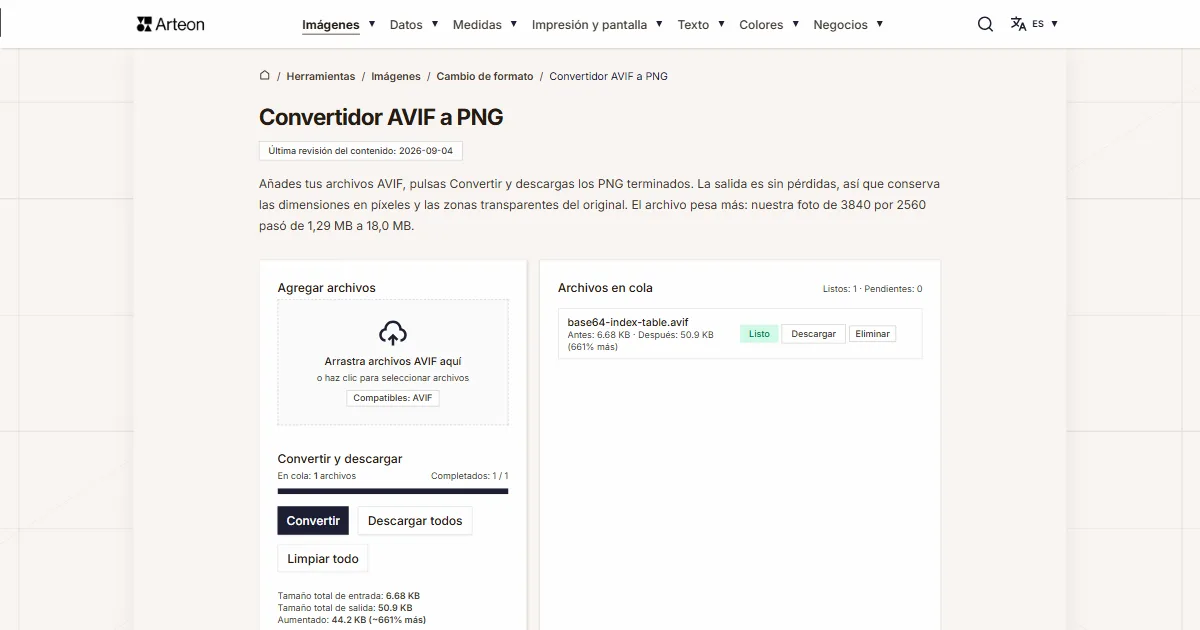 Captura de pantalla de la herramienta gratuita de Arteon: Convertidor AVIF a PNG