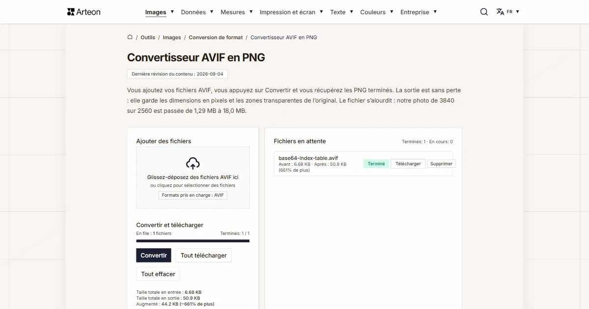 Capture d'écran de l'outil gratuit d'Arteon: Convertisseur AVIF en PNG