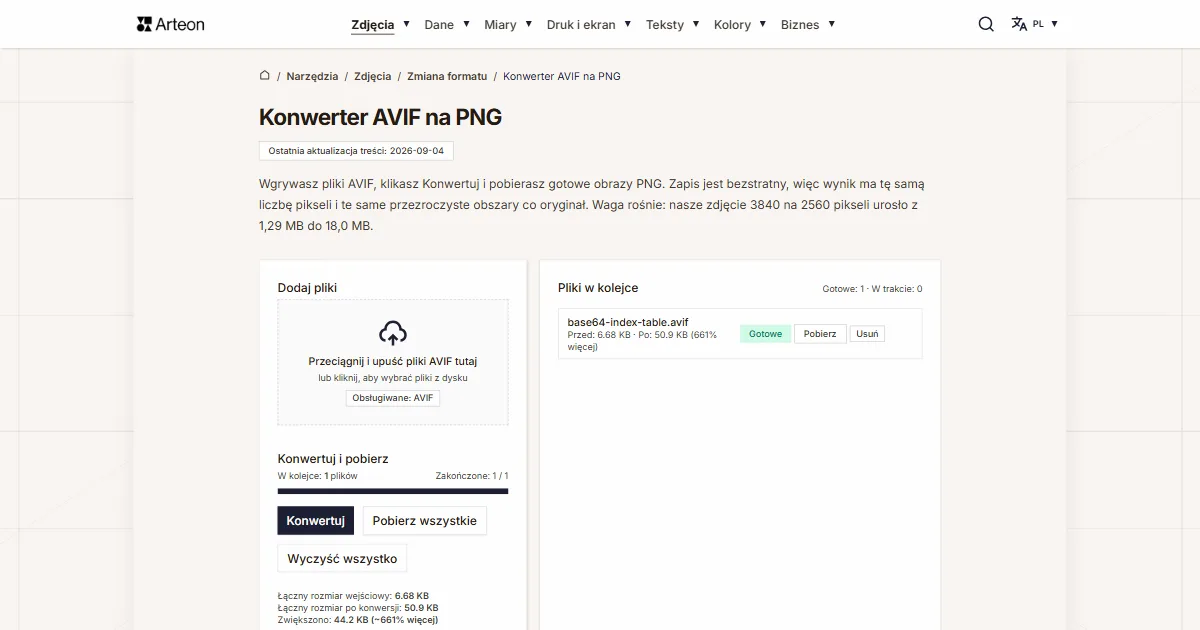 Zrzut ekranu darmowego narzędzia Arteon: Konwerter AVIF na PNG