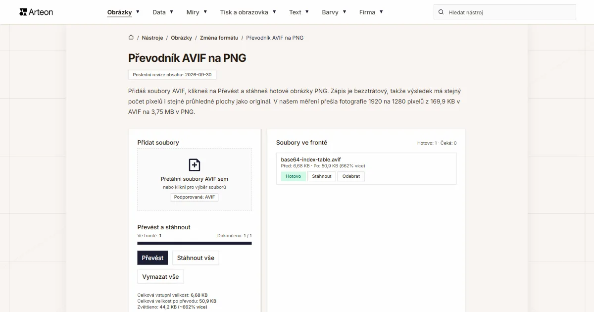 Snímek obrazovky bezplatného nástroje Arteon: Převodník AVIF na PNG