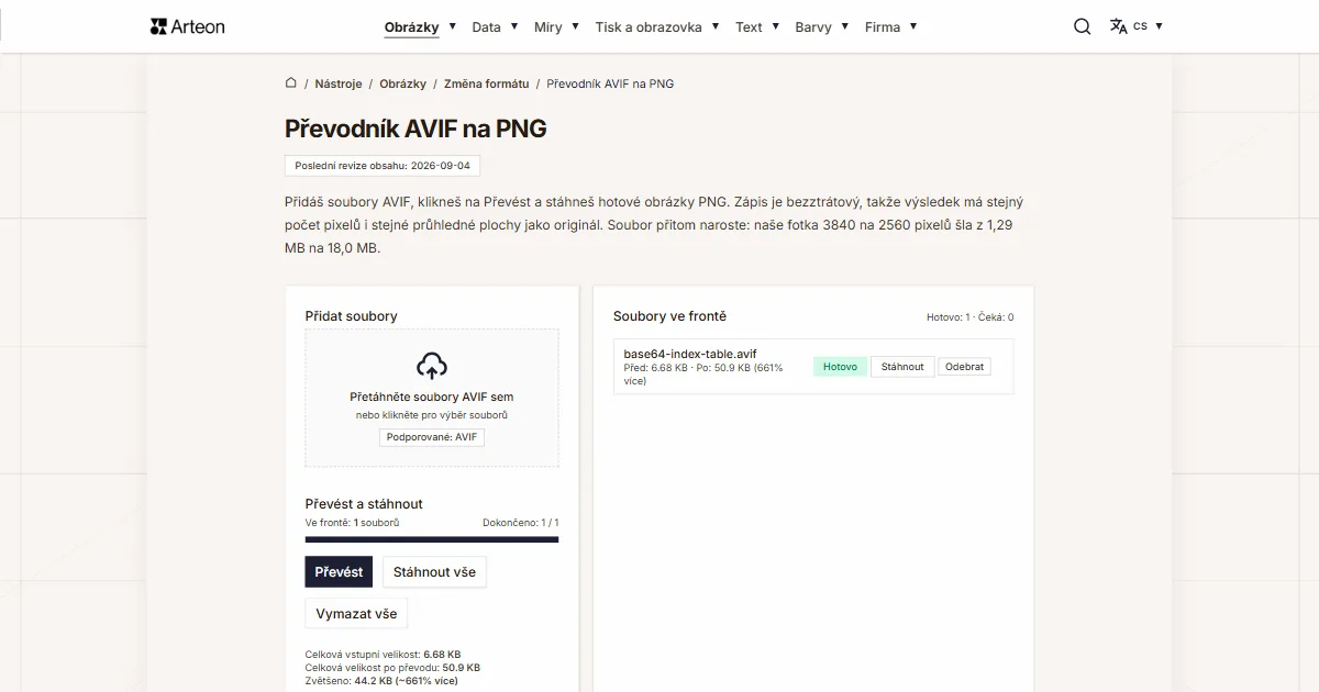 Snímek obrazovky bezplatného nástroje Arteon: Převodník AVIF na PNG
