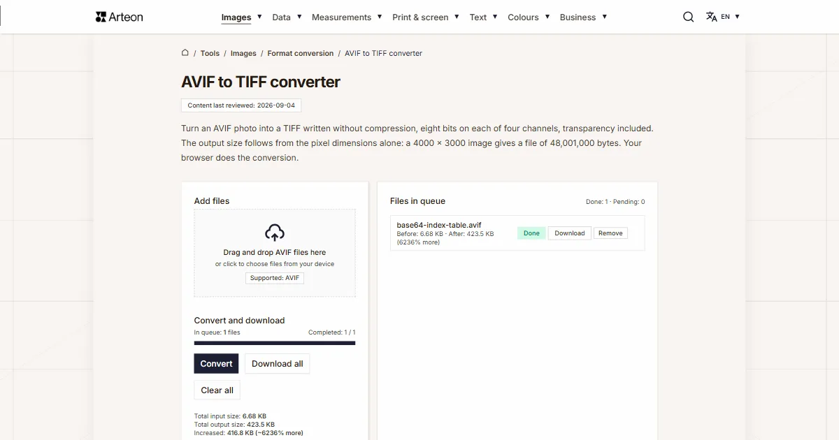 Arteon free tool screenshot: AVIF to TIFF converter