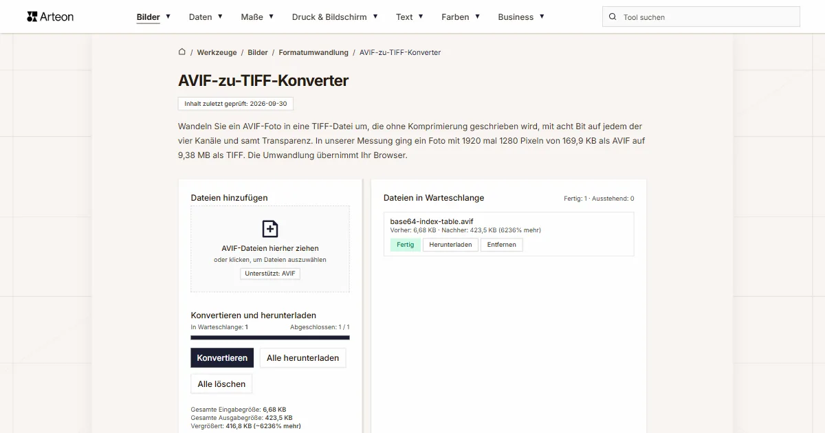 Screenshot des kostenlosen Arteon-Werkzeugs: AVIF-zu-TIFF-Konverter
