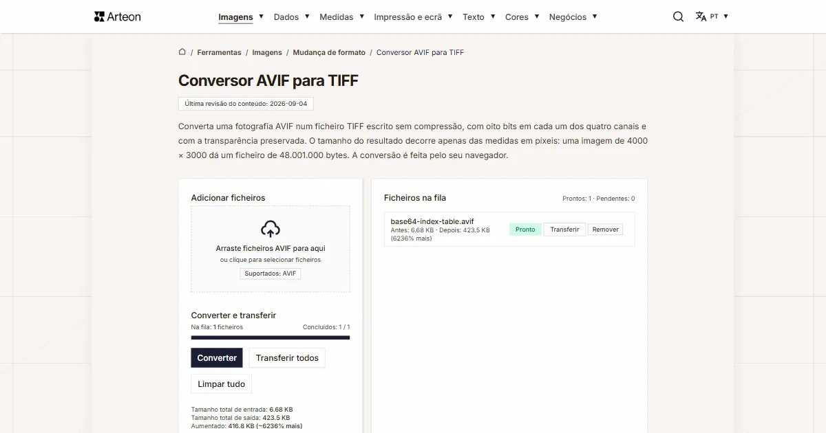 Captura de ecrã da ferramenta gratuita da Arteon: Conversor AVIF para TIFF