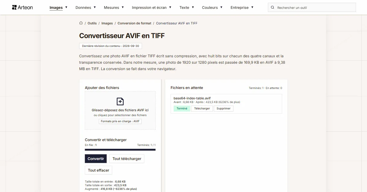 Capture d'écran de l'outil gratuit d'Arteon: Convertisseur AVIF en TIFF