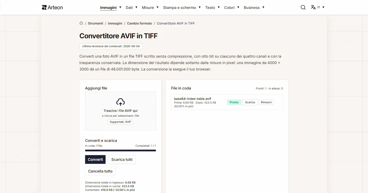 Screenshot dello strumento gratuito Arteon: Convertitore AVIF in TIFF