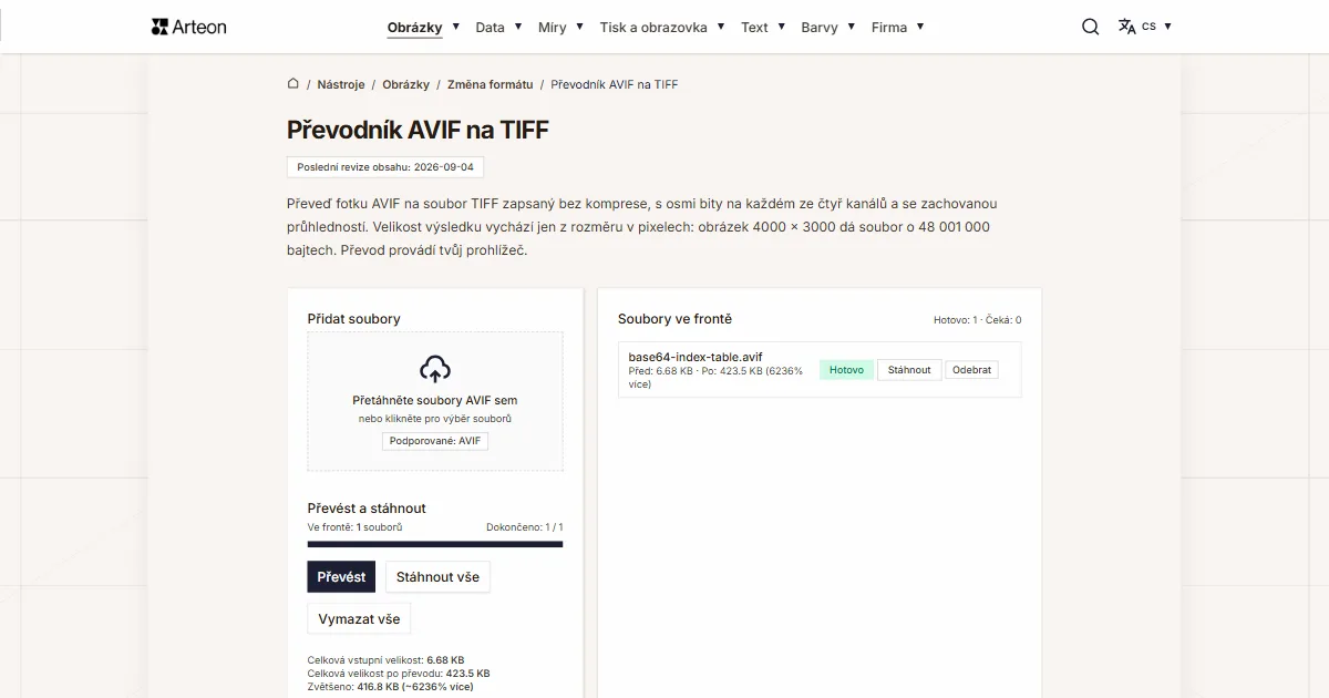 Snímek obrazovky bezplatného nástroje Arteon: Převodník AVIF na TIFF