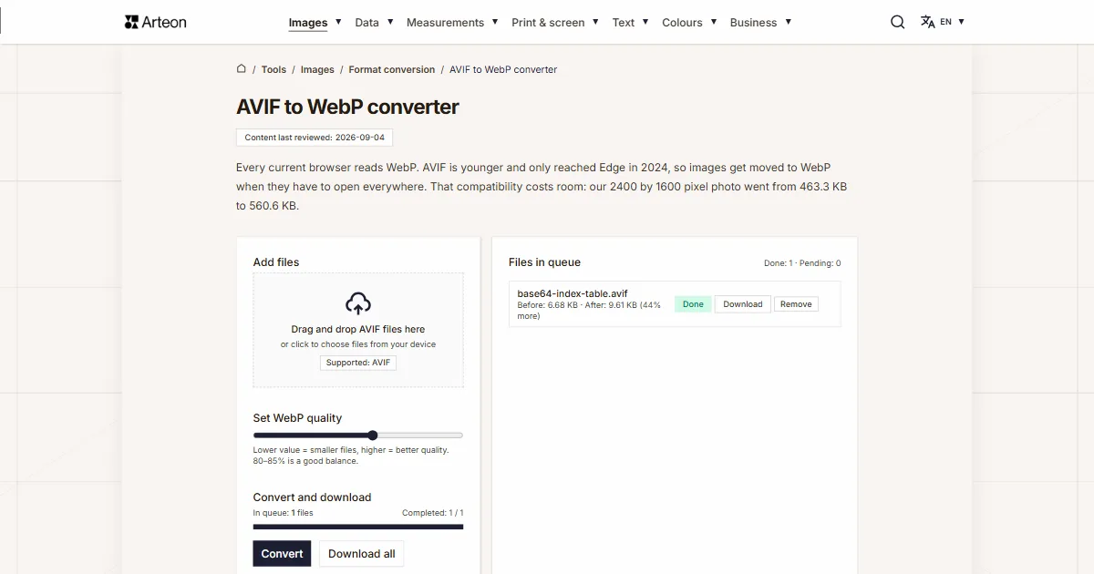 Arteon free tool screenshot: AVIF to WebP converter