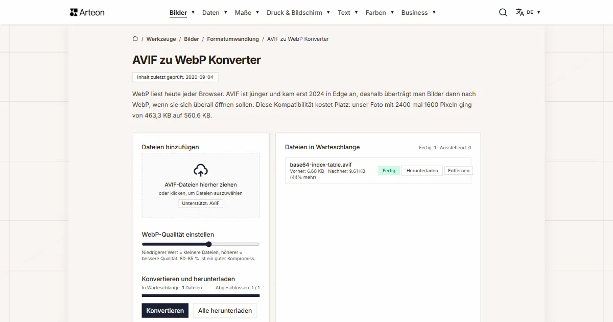 Screenshot des kostenlosen Arteon-Werkzeugs: AVIF zu WebP Konverter
