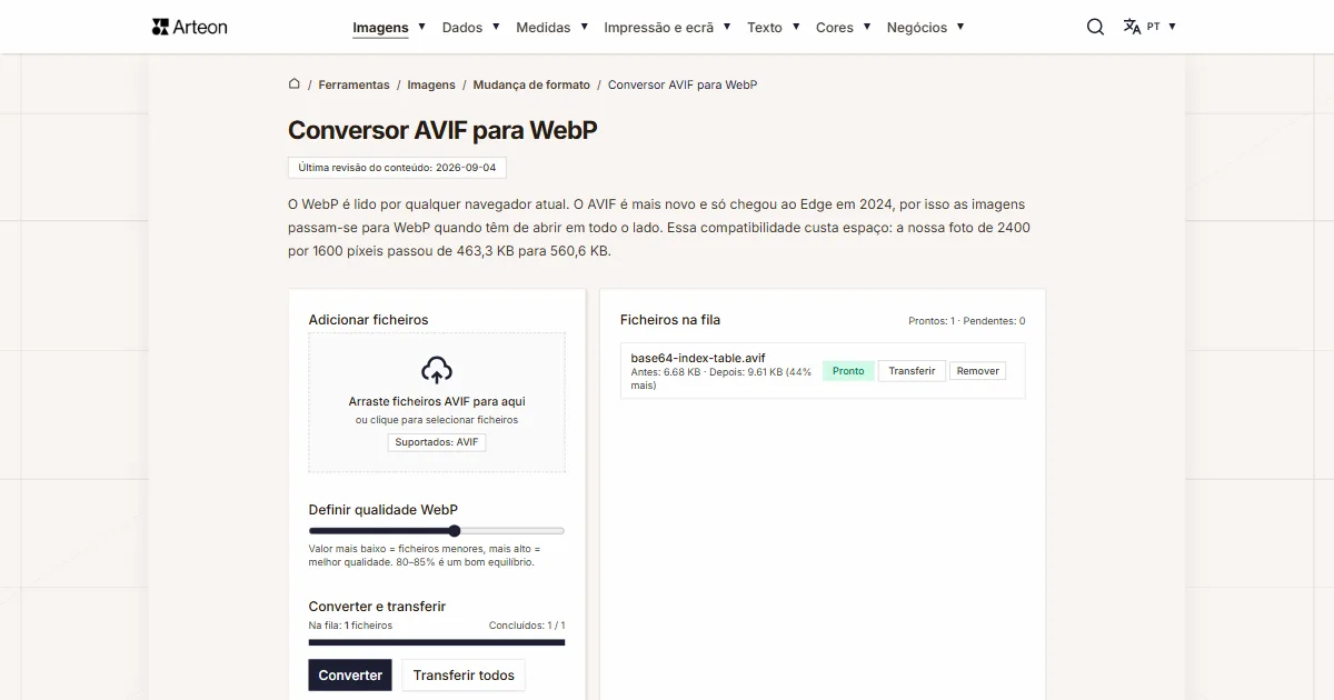 Captura de ecrã da ferramenta gratuita da Arteon: Conversor AVIF para WebP