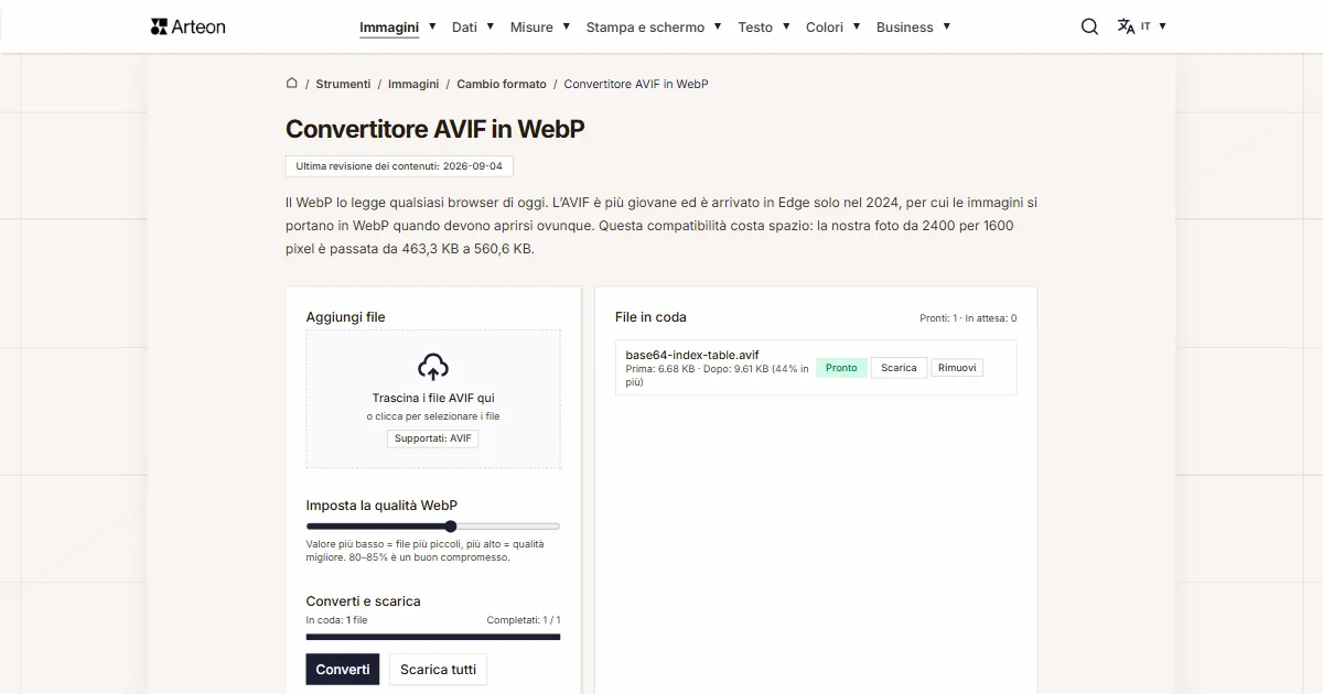 Screenshot dello strumento gratuito Arteon: Convertitore AVIF in WebP