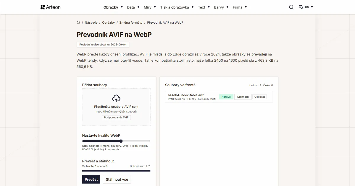 Snímek obrazovky bezplatného nástroje Arteon: Převodník AVIF na WebP