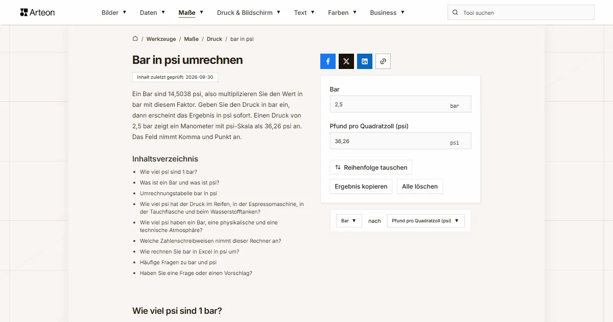 Screenshot des kostenlosen Arteon-Werkzeugs: Bar in psi umrechnen