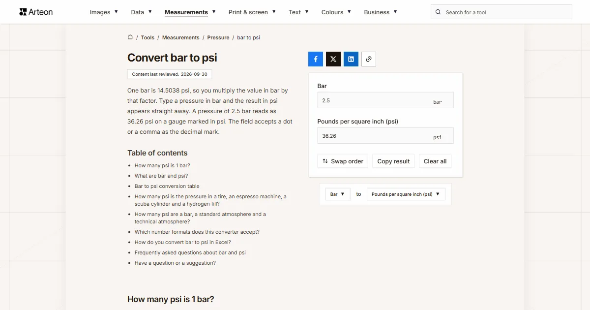 Arteon free tool screenshot: Convert bar to psi