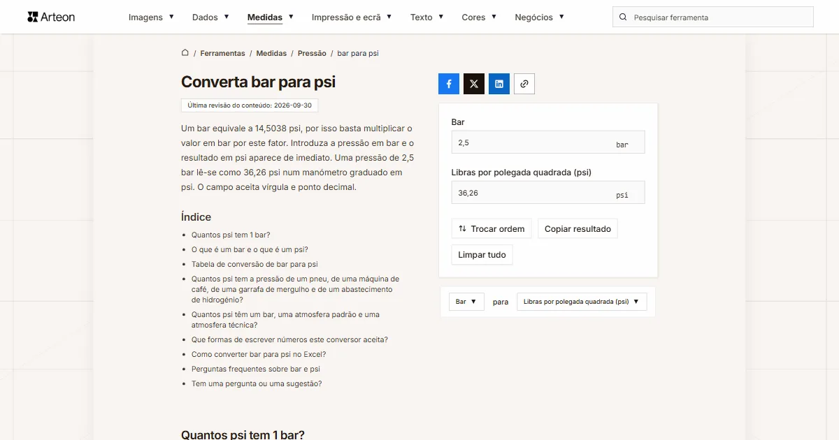 Captura de ecrã da ferramenta gratuita da Arteon: Converta bar para psi