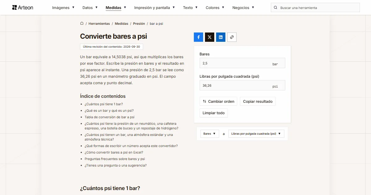 Captura de pantalla de la herramienta gratuita de Arteon: Convierte bares a psi